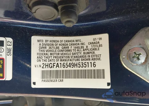 2009 Honda Civic Lx из США, поврежденный, VIN 2HGFA16549H535116